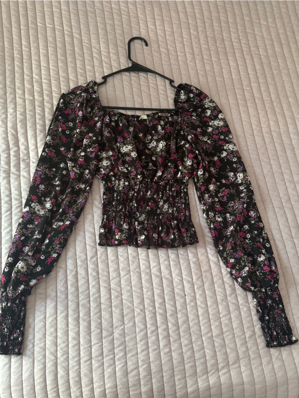 Ultra Flirt Black Floral Smocked Top with Purple and Pink Accents